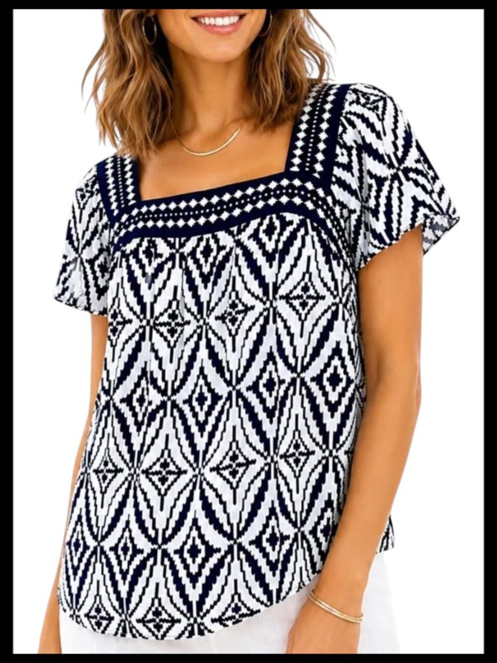 Milly Blouse Navy White Geometric Print Square Neck Size 6 M
